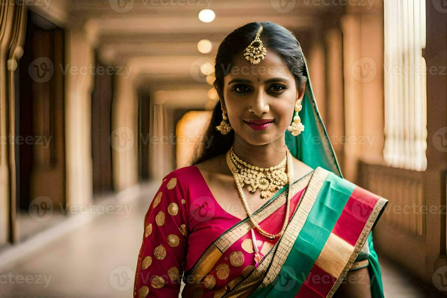 une magnifique Indien la mariée dans une traditionnel sari. généré par ai photo