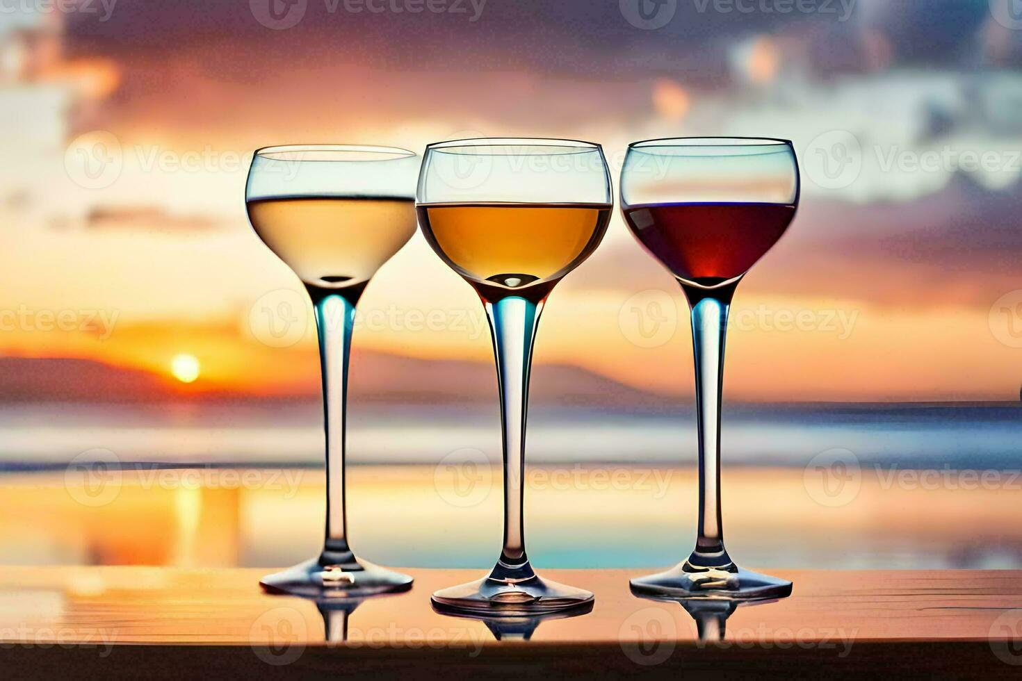 Trois du vin des lunettes avec différent couleurs sur une tableau. généré par ai photo