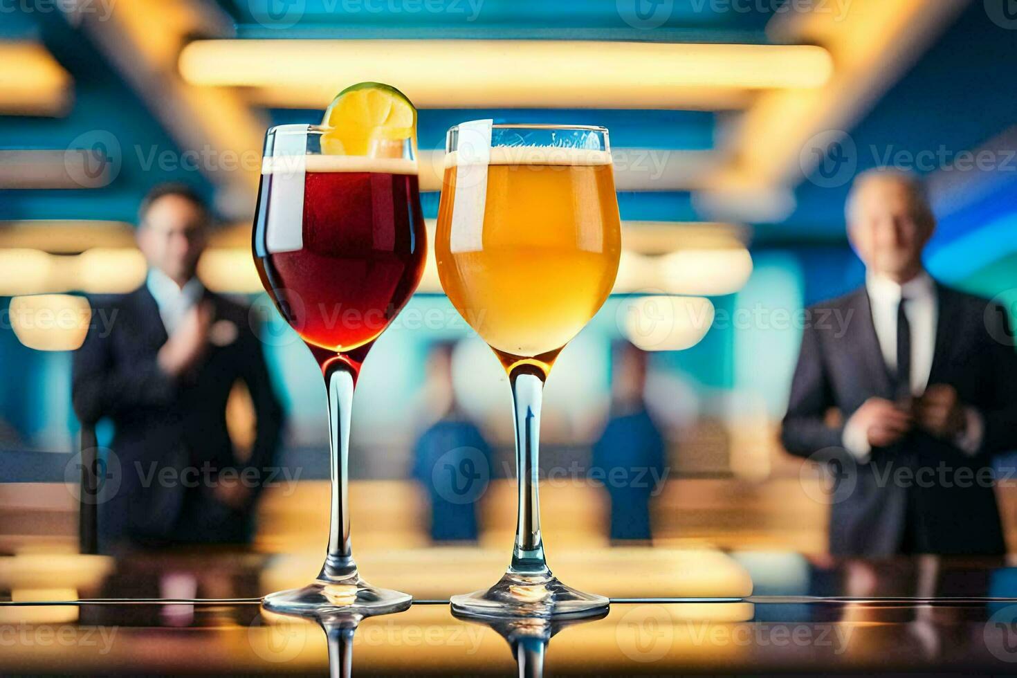 deux des lunettes de du vin et une cocktail sur une bar. généré par ai photo