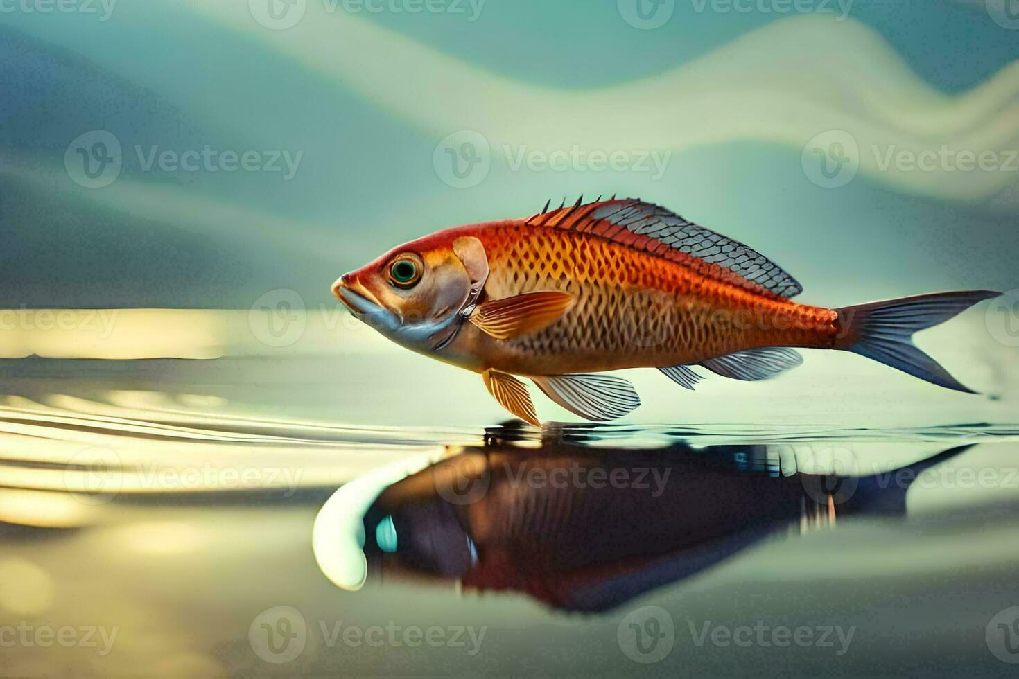 une poisson est permanent sur le l'eau avec une réflexion. généré par ai photo