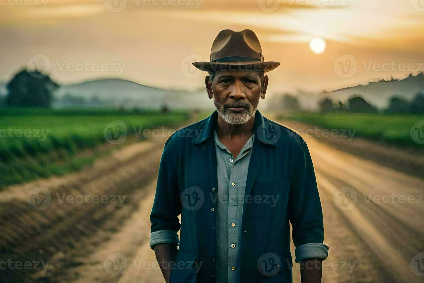 un plus âgée homme permanent dans une saleté route à le coucher du soleil. généré par ai photo