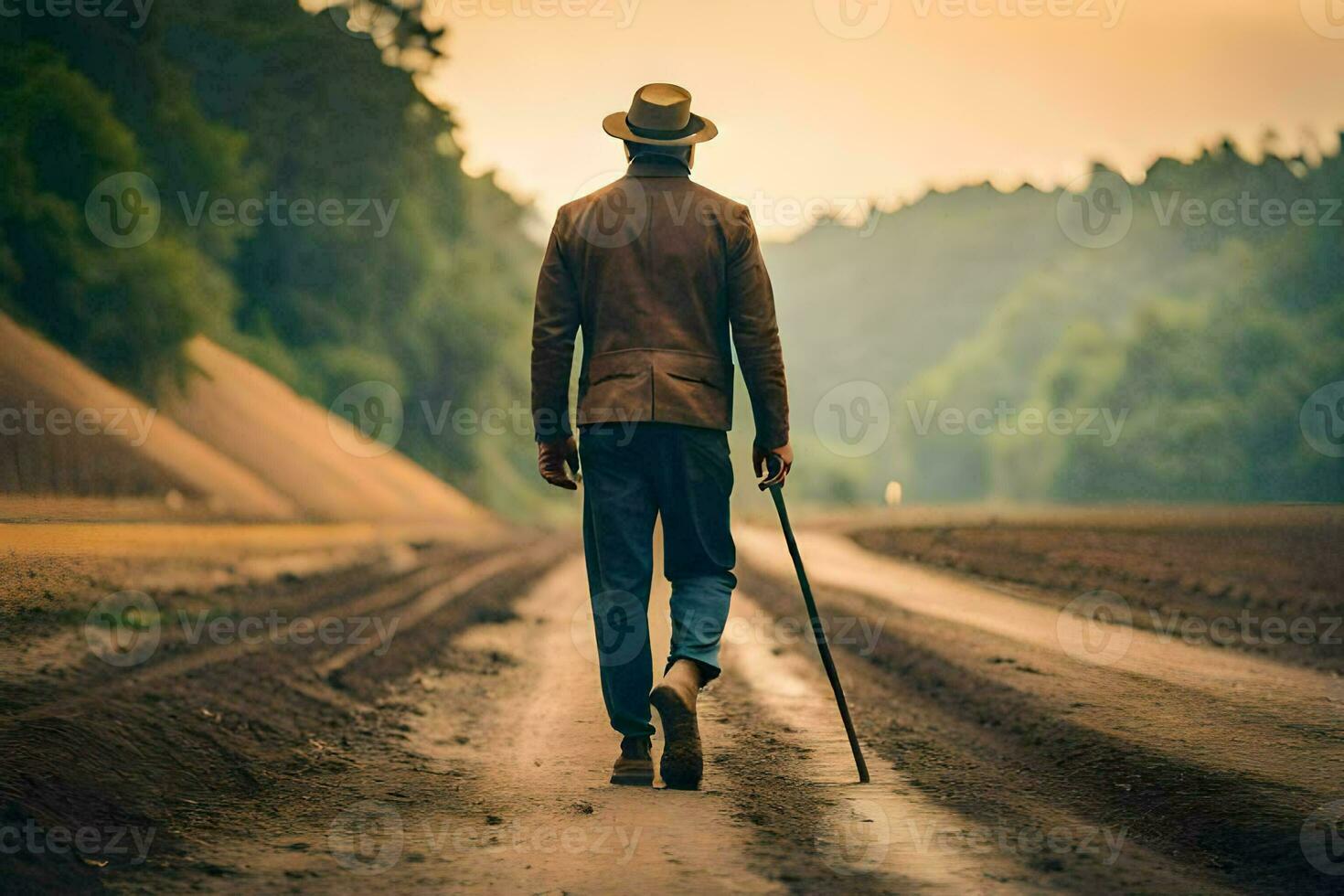 une homme en marchant vers le bas une saleté route avec une canne. généré par ai photo