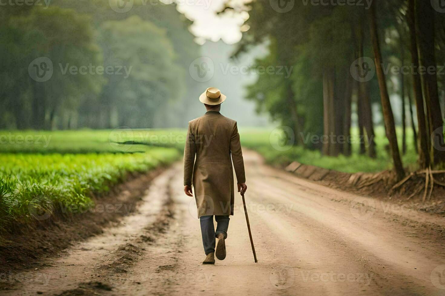 une homme dans une costume des promenades vers le bas une saleté route. généré par ai photo