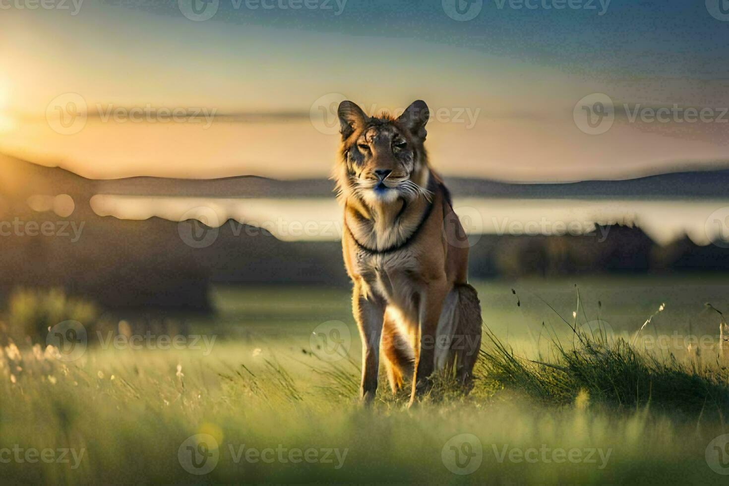 une Loup est séance dans le herbe à le coucher du soleil. généré par ai photo