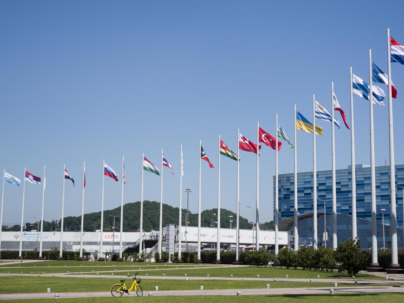 drapeaux des pays du monde sur des mâts de drapeau dans le parc olympique photo