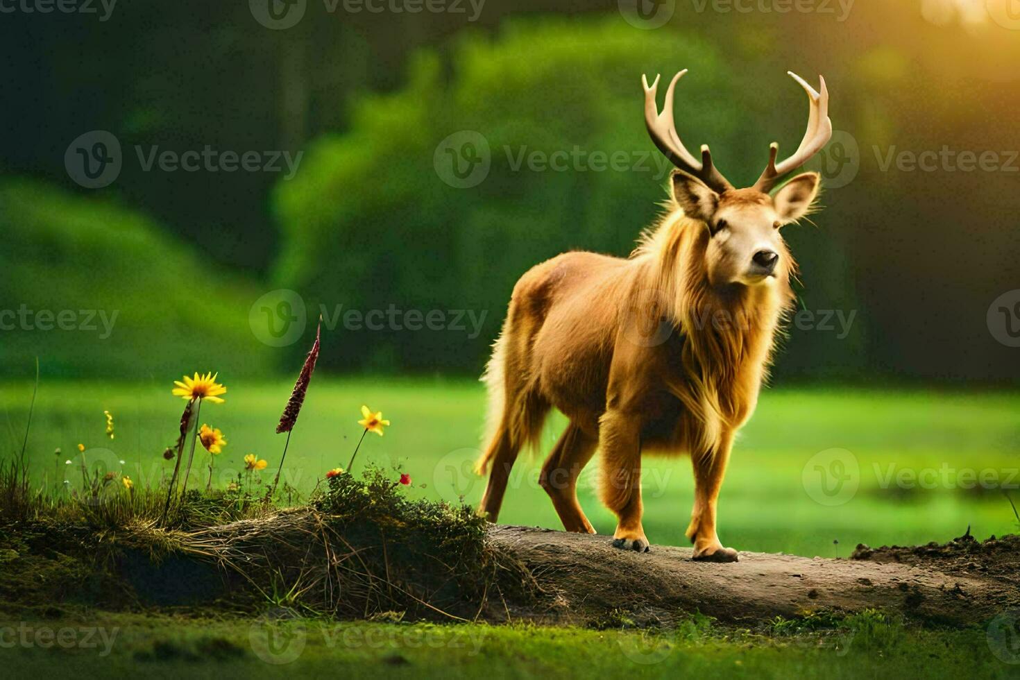 une cerf permanent sur une Journal dans le herbe. généré par ai photo