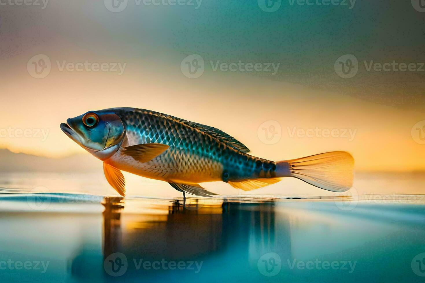 une poisson est flottant sur le l'eau à le coucher du soleil. généré par ai photo