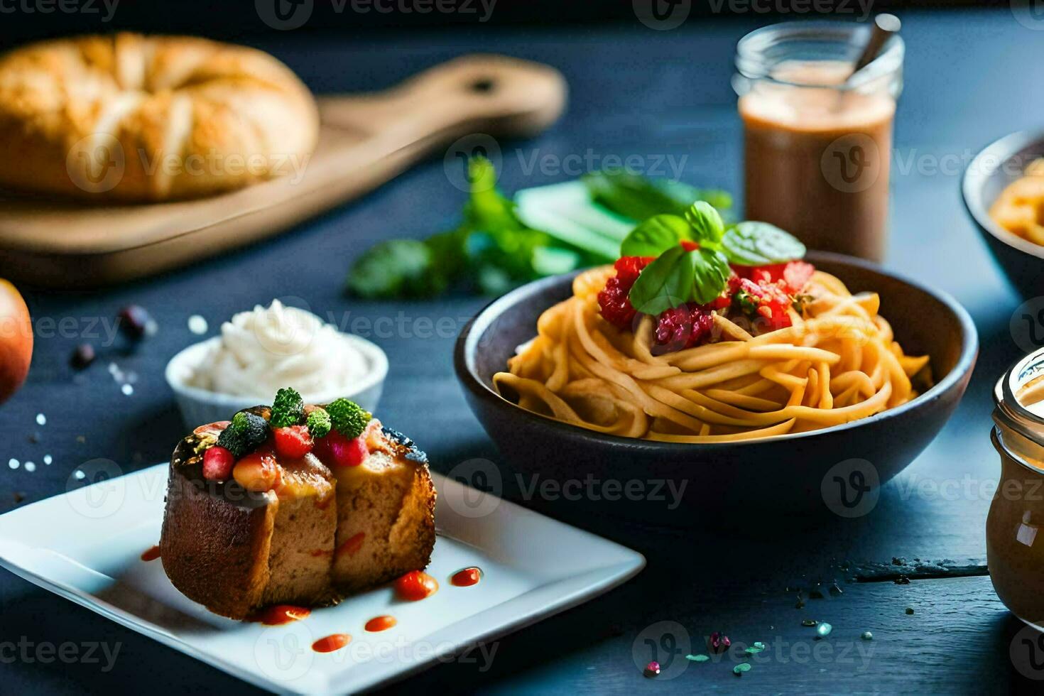 une table avec Pâtes, pain et autre aliments. généré par ai photo