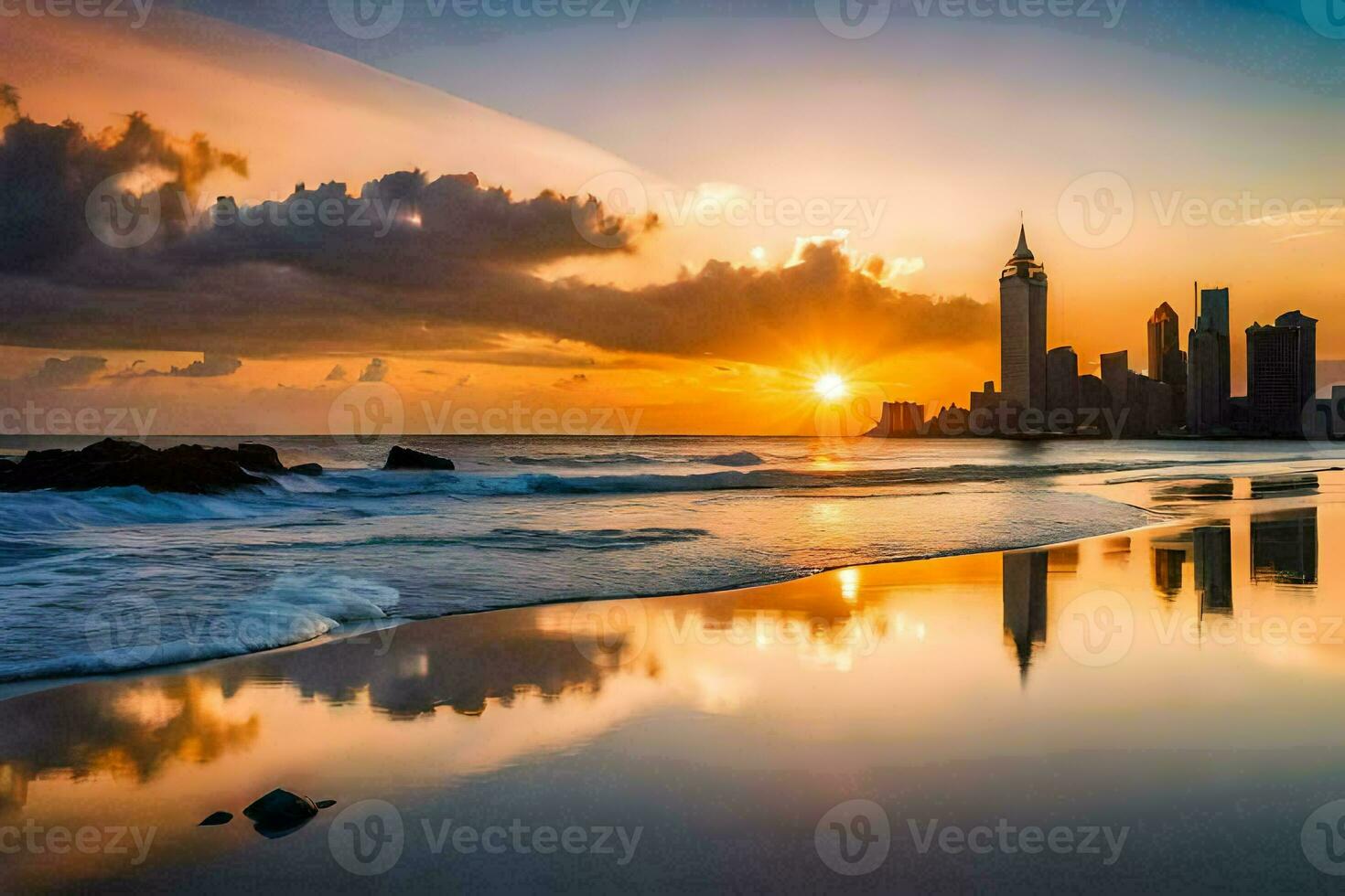 le Soleil ensembles plus de le ville horizon dans cette photo. généré par ai photo