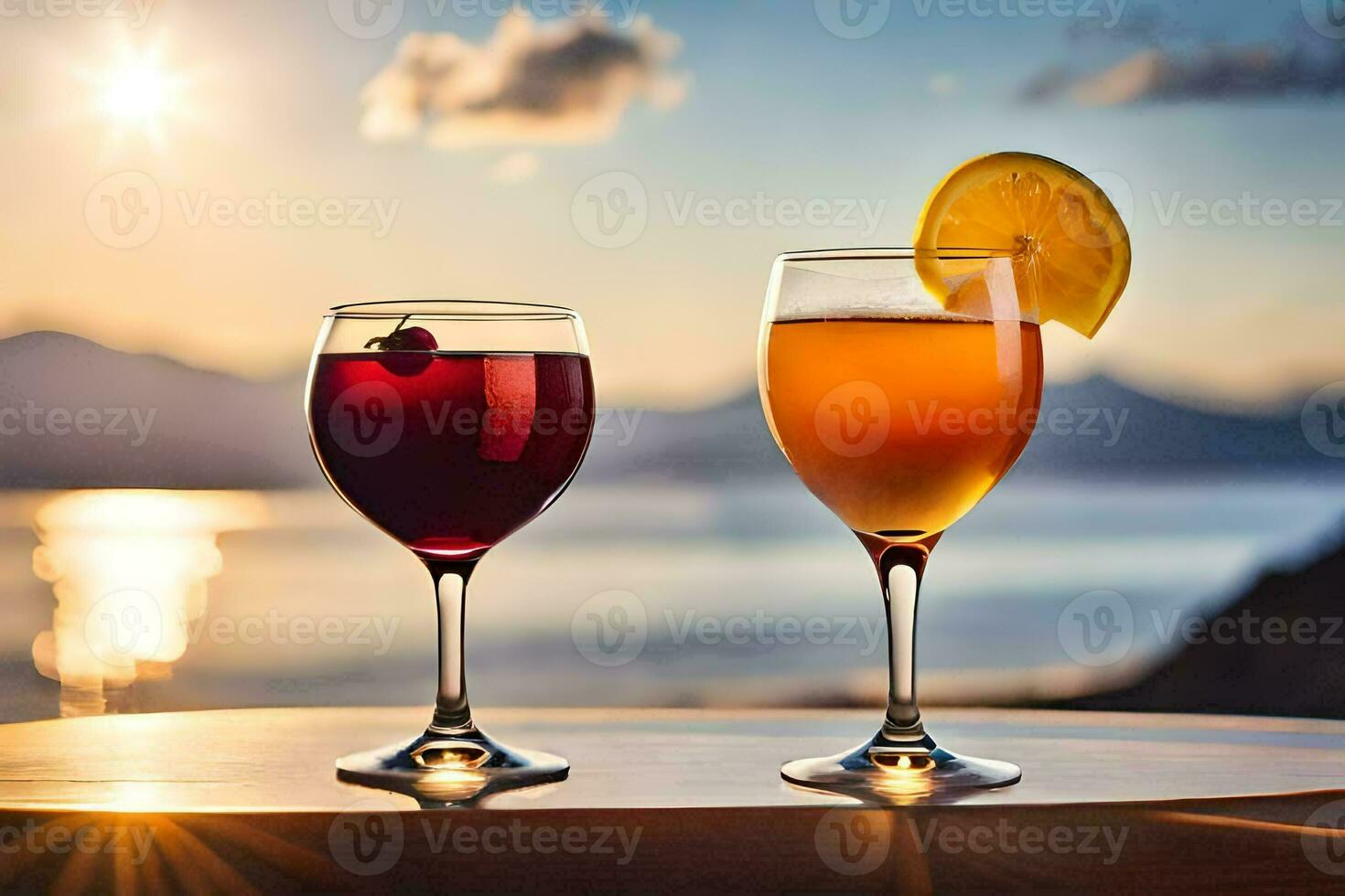 deux des lunettes de du vin avec une le coucher du soleil dans le Contexte. généré par ai photo