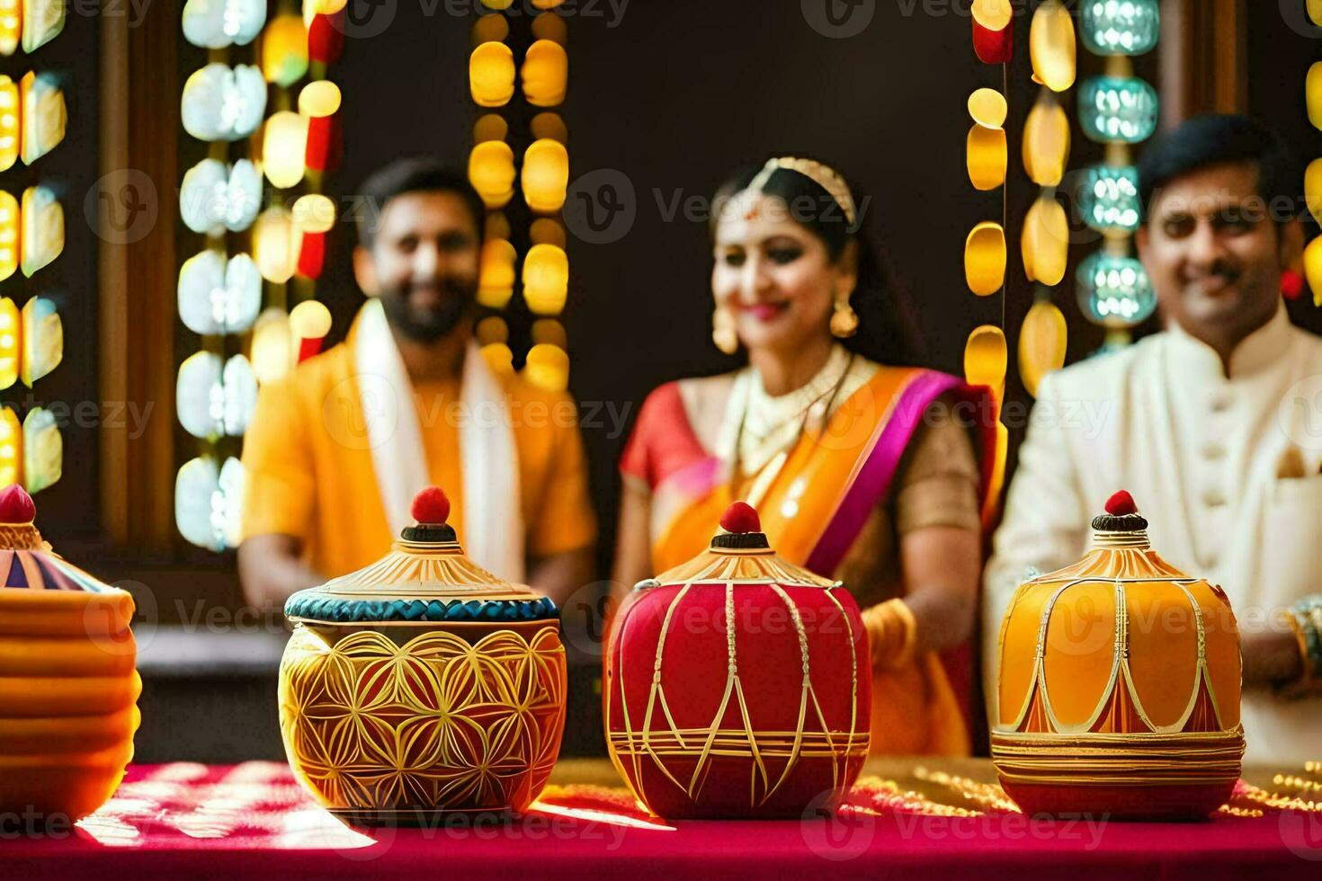 une couple dans traditionnel Indien tenue permanent suivant à coloré marmites. généré par ai photo