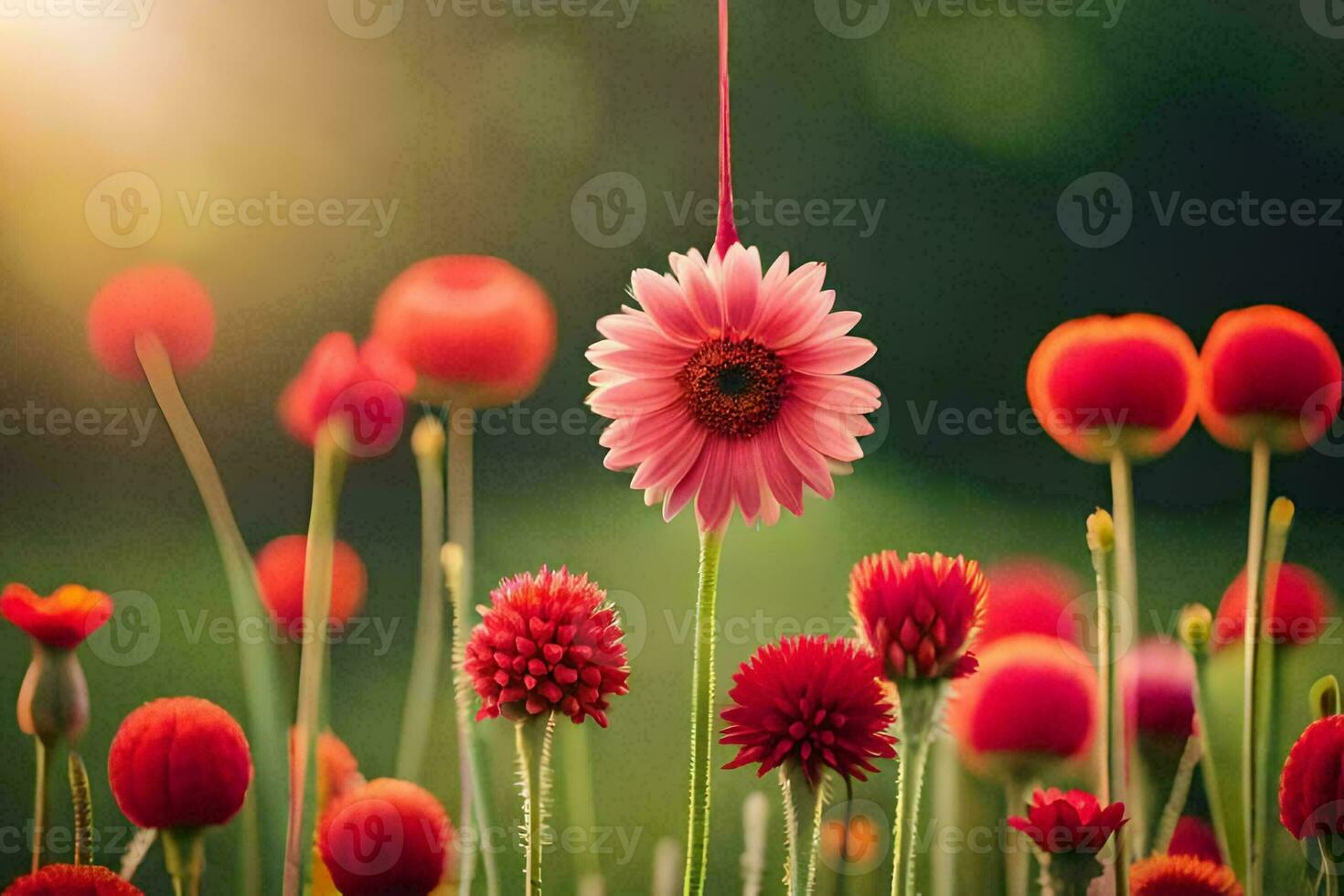 rouge fleurs dans une champ avec Soleil brillant. généré par ai photo