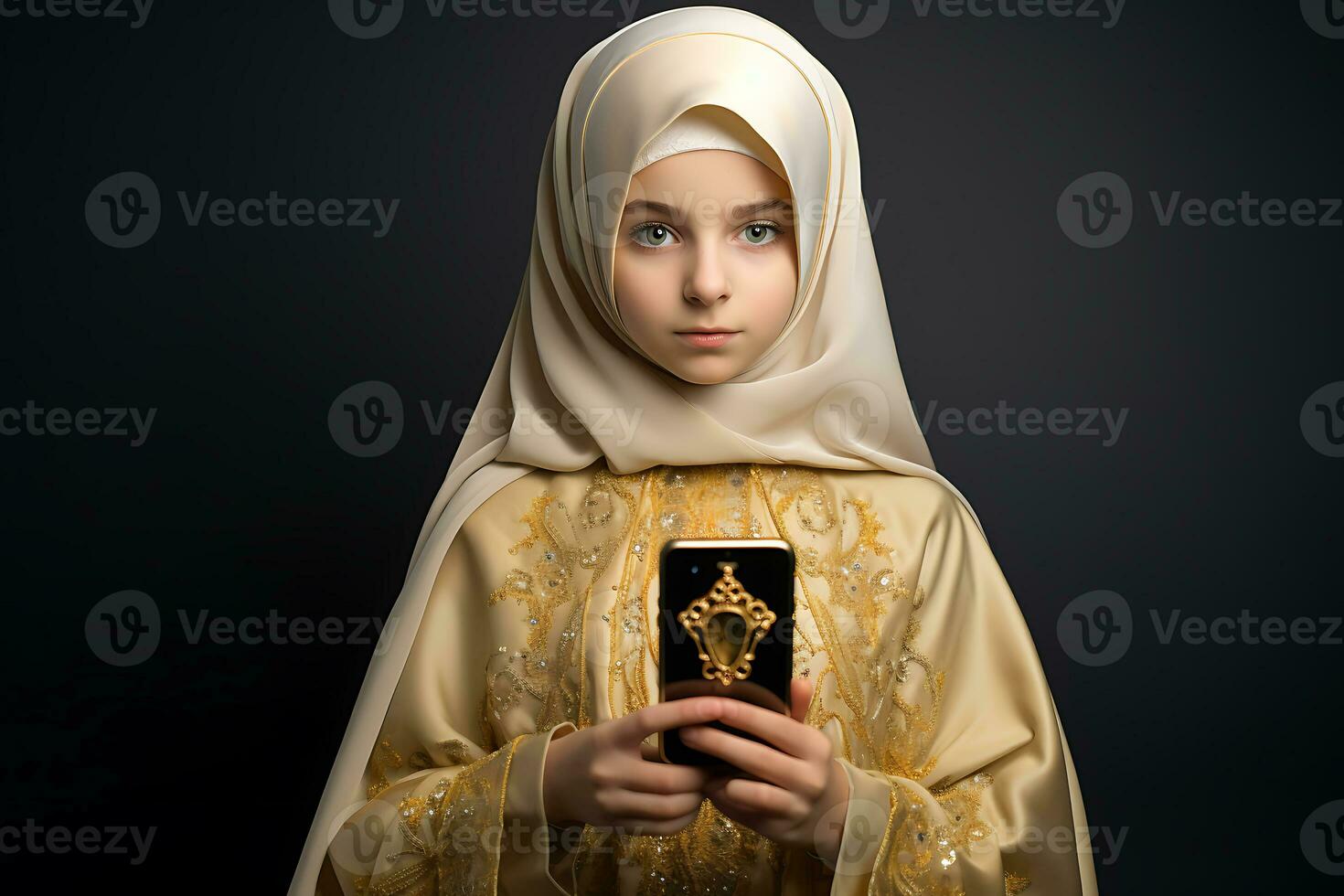 Jeune musulman femme dans traditionnel Vêtements en portant saint coran plus de noir Contexte ai généré photo