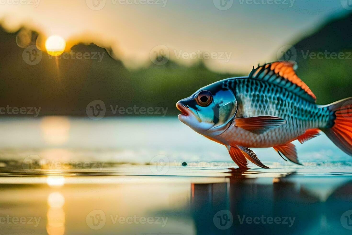 une poisson est permanent sur le l'eau à le coucher du soleil. généré par ai photo