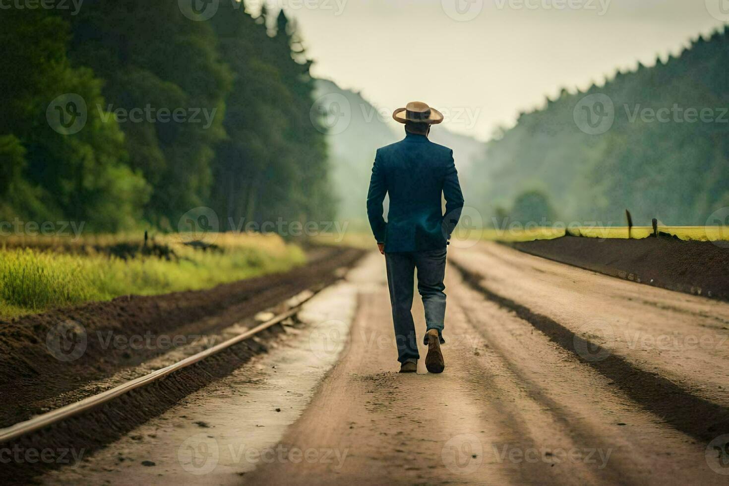 une homme dans une costume et chapeau des promenades vers le bas une saleté route. généré par ai photo