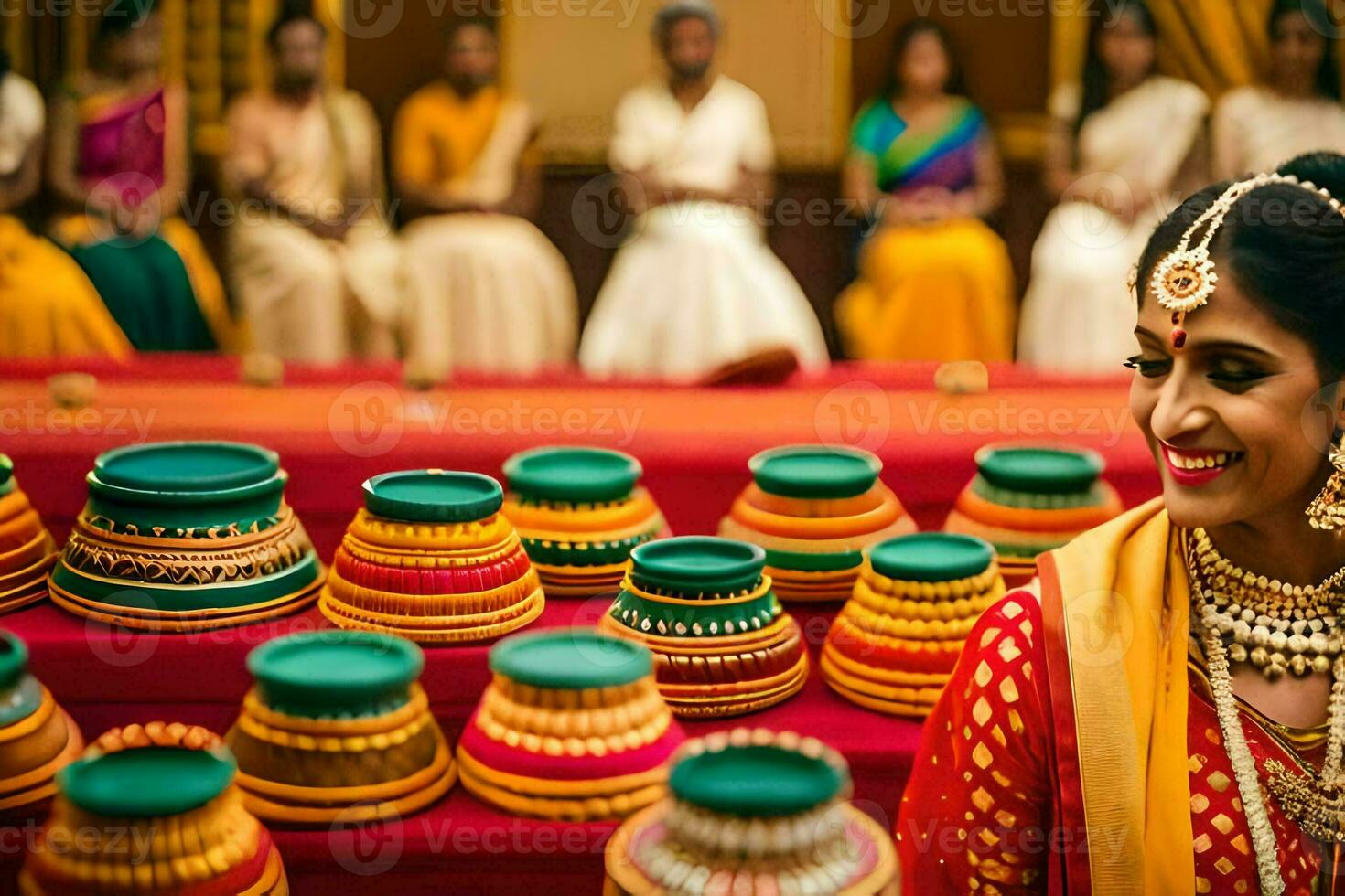 une la mariée dans traditionnel Indien tenue est assis dans de face de une table avec beaucoup coloré marmites. généré par ai photo