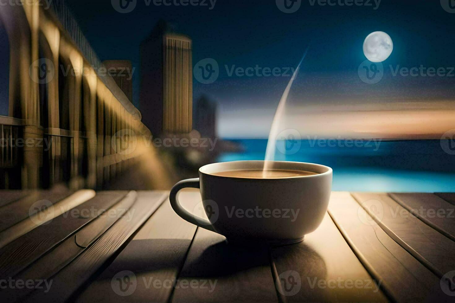 café tasse sur en bois table avec lune dans Contexte. généré par ai photo