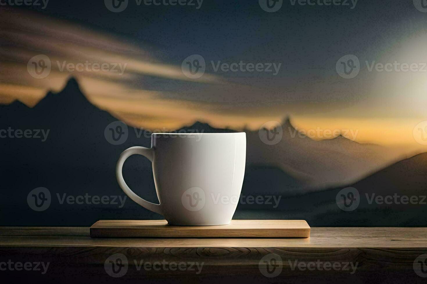 café tasse sur une en bois table avec montagnes dans le Contexte. généré par ai photo