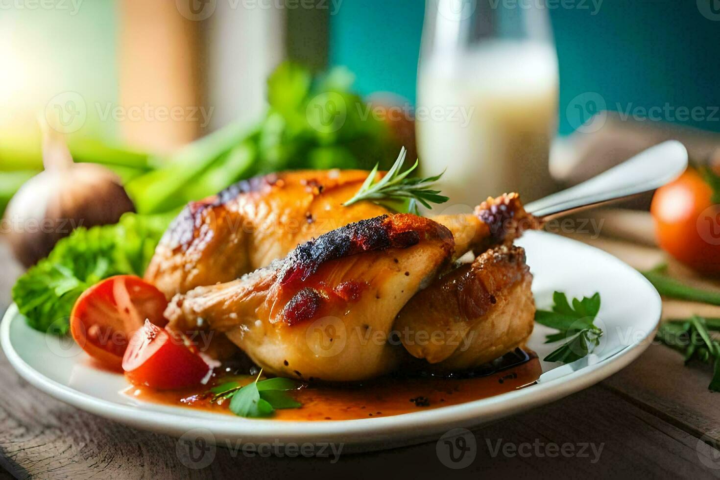 une poulet sur une assiette avec tomates et des légumes. généré par ai photo