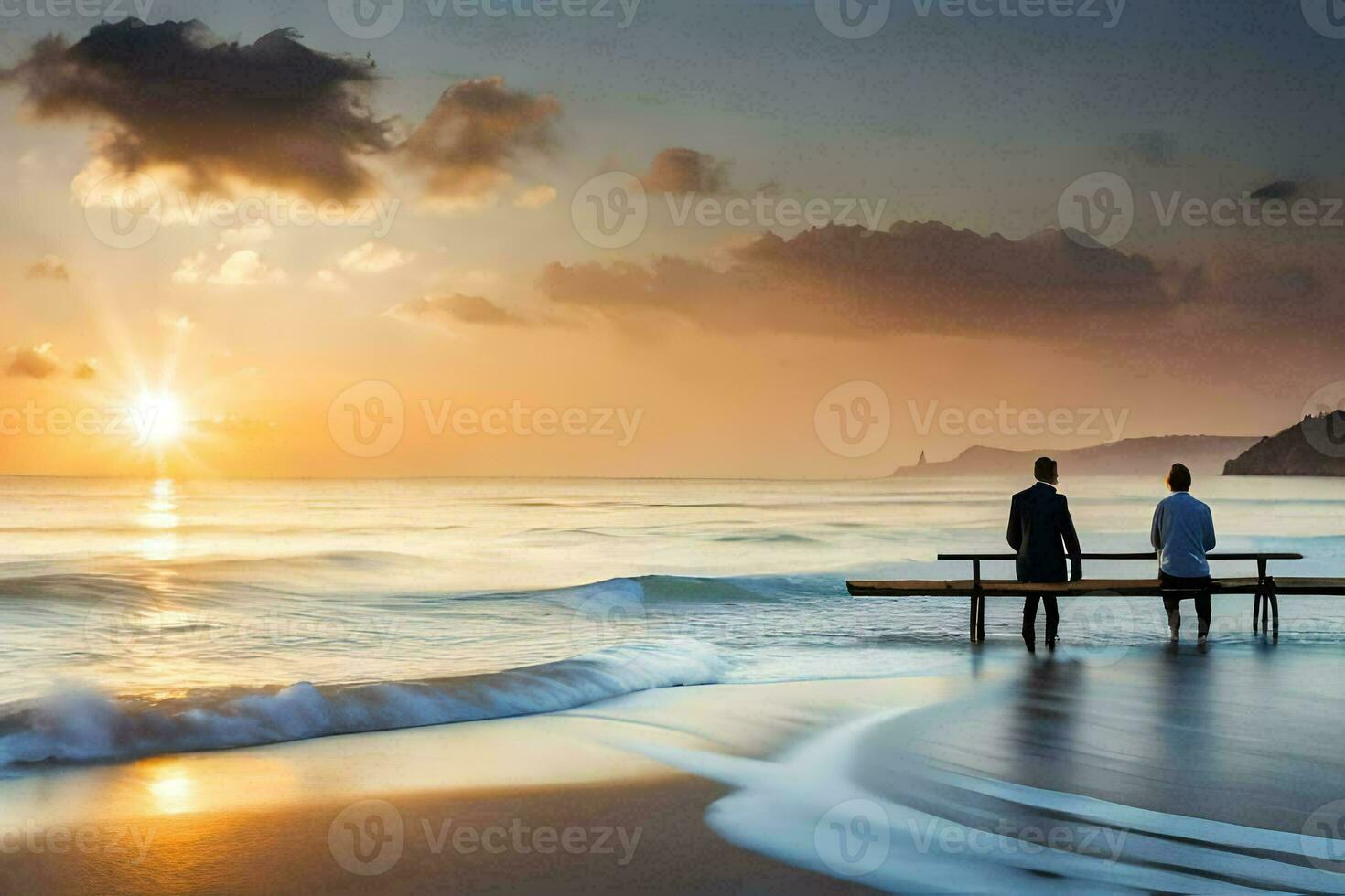 deux gens asseoir sur une banc surplombant le océan à le coucher du soleil. généré par ai photo