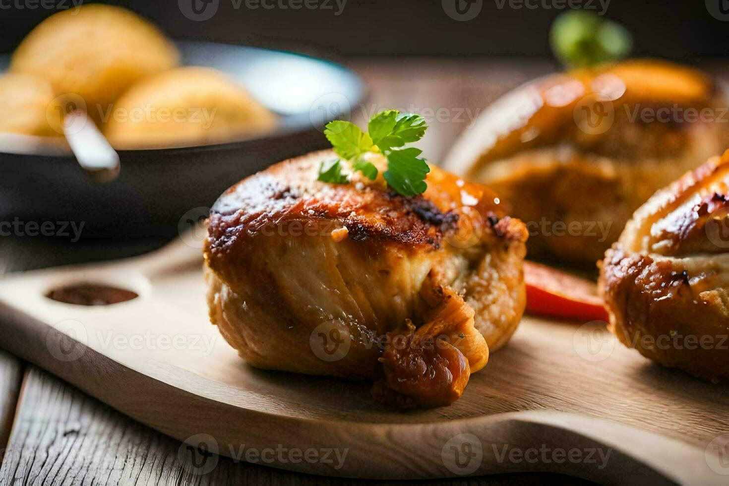 Trois farci poulet les seins sur une en bois Coupe planche. généré par ai photo