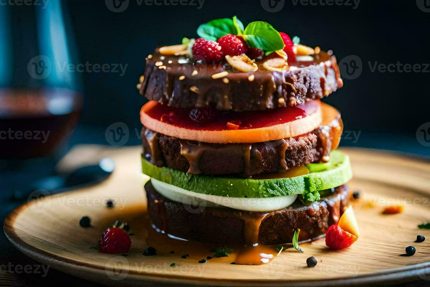 une empiler de Chocolat gâteau avec fruit et des noisettes. généré par ai photo