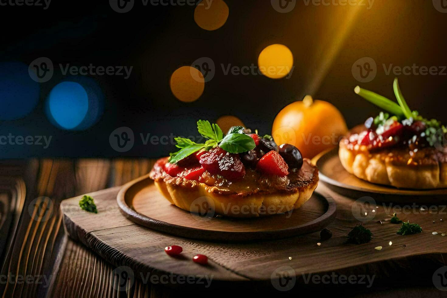 deux petit tartes avec fruit sur une en bois planche. généré par ai photo