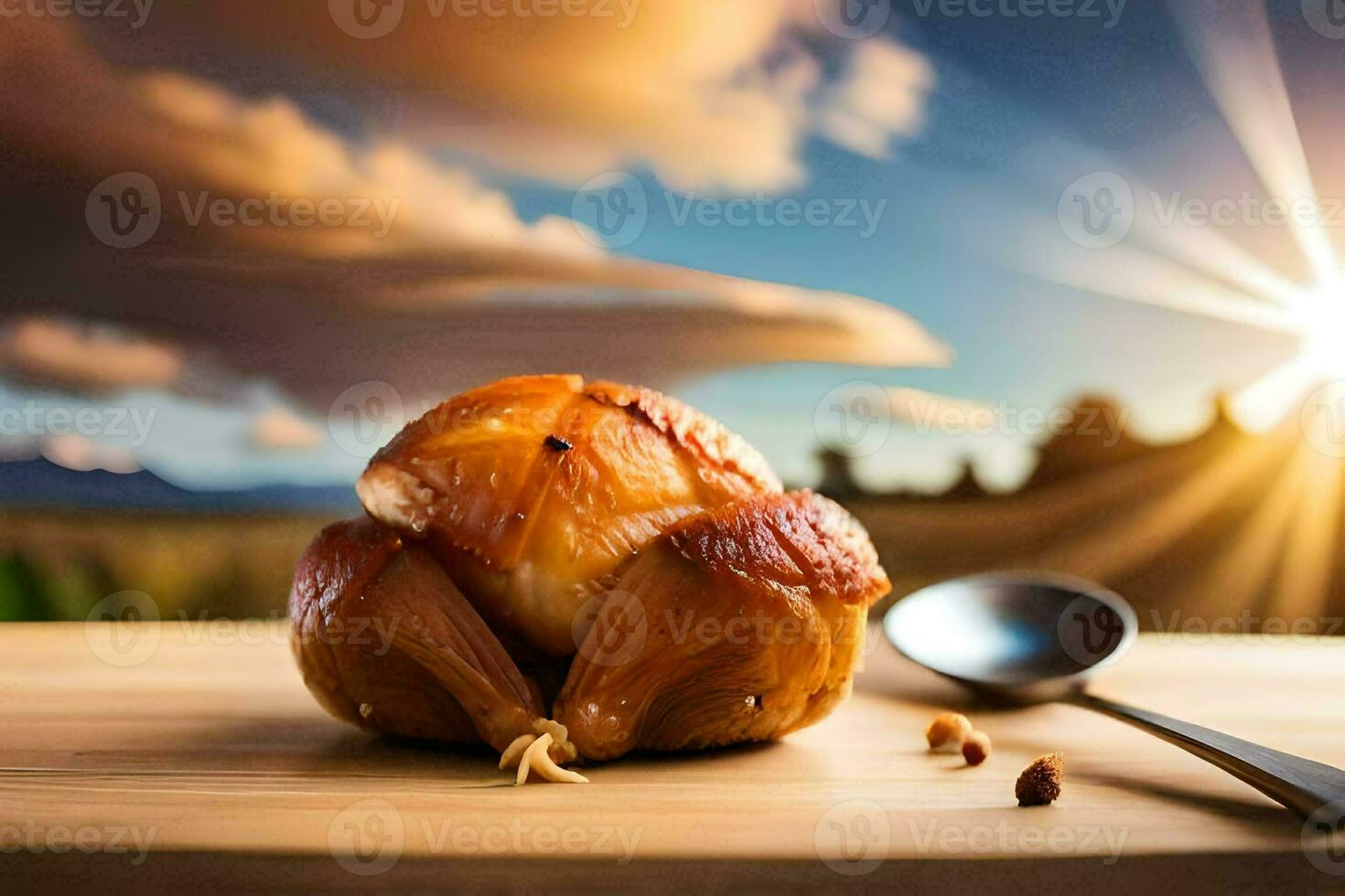 une rôti poulet sur une en bois table avec une cuillère. généré par ai photo