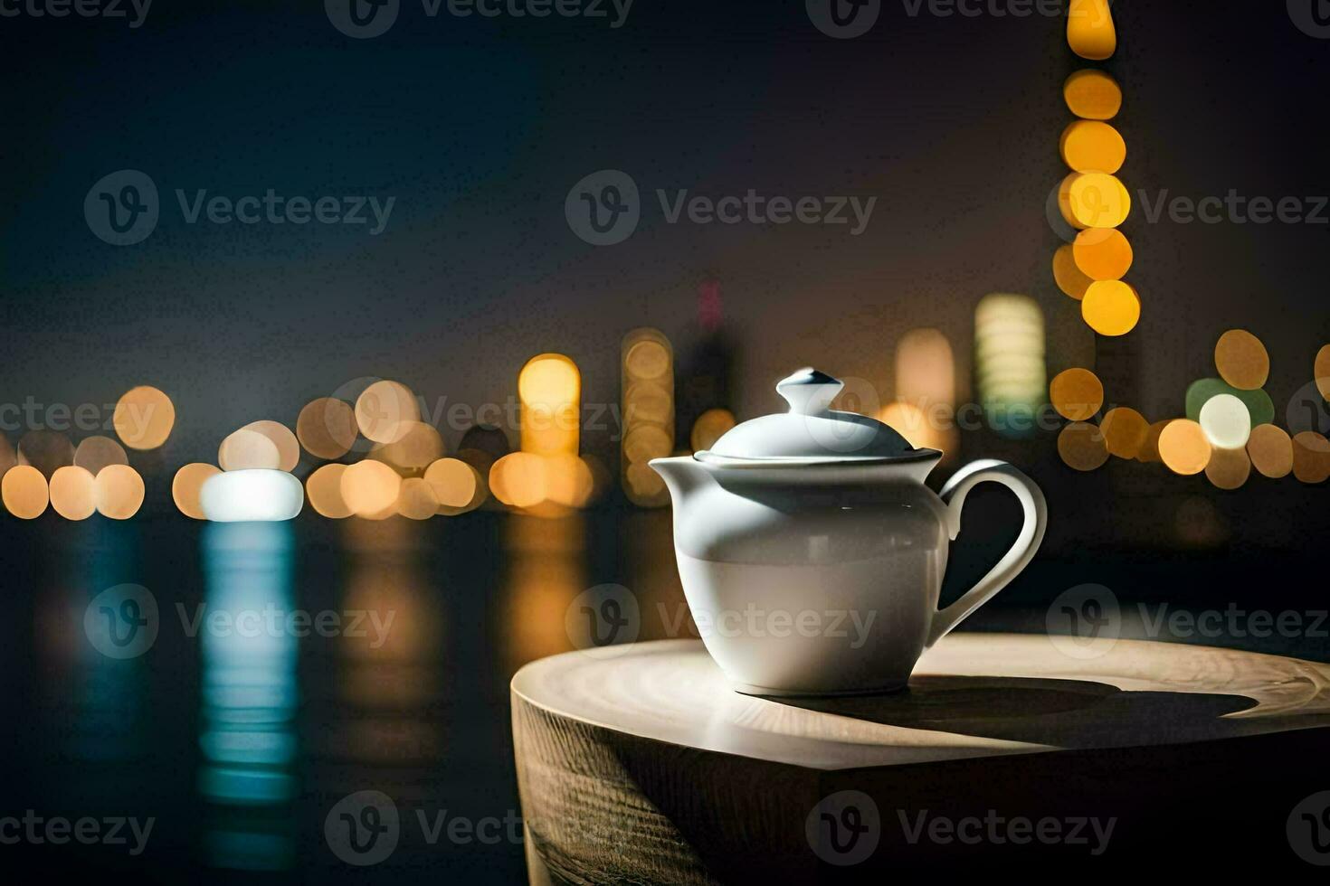 une blanc théière sur une table dans de face de une ville ligne d'horizon. généré par ai photo