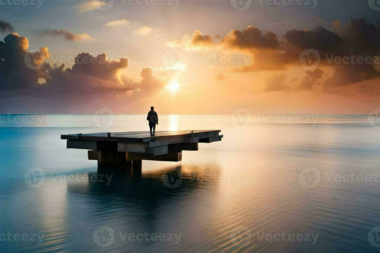 une homme des stands sur une jetée à la recherche à le Soleil réglage plus de le océan. généré par ai photo