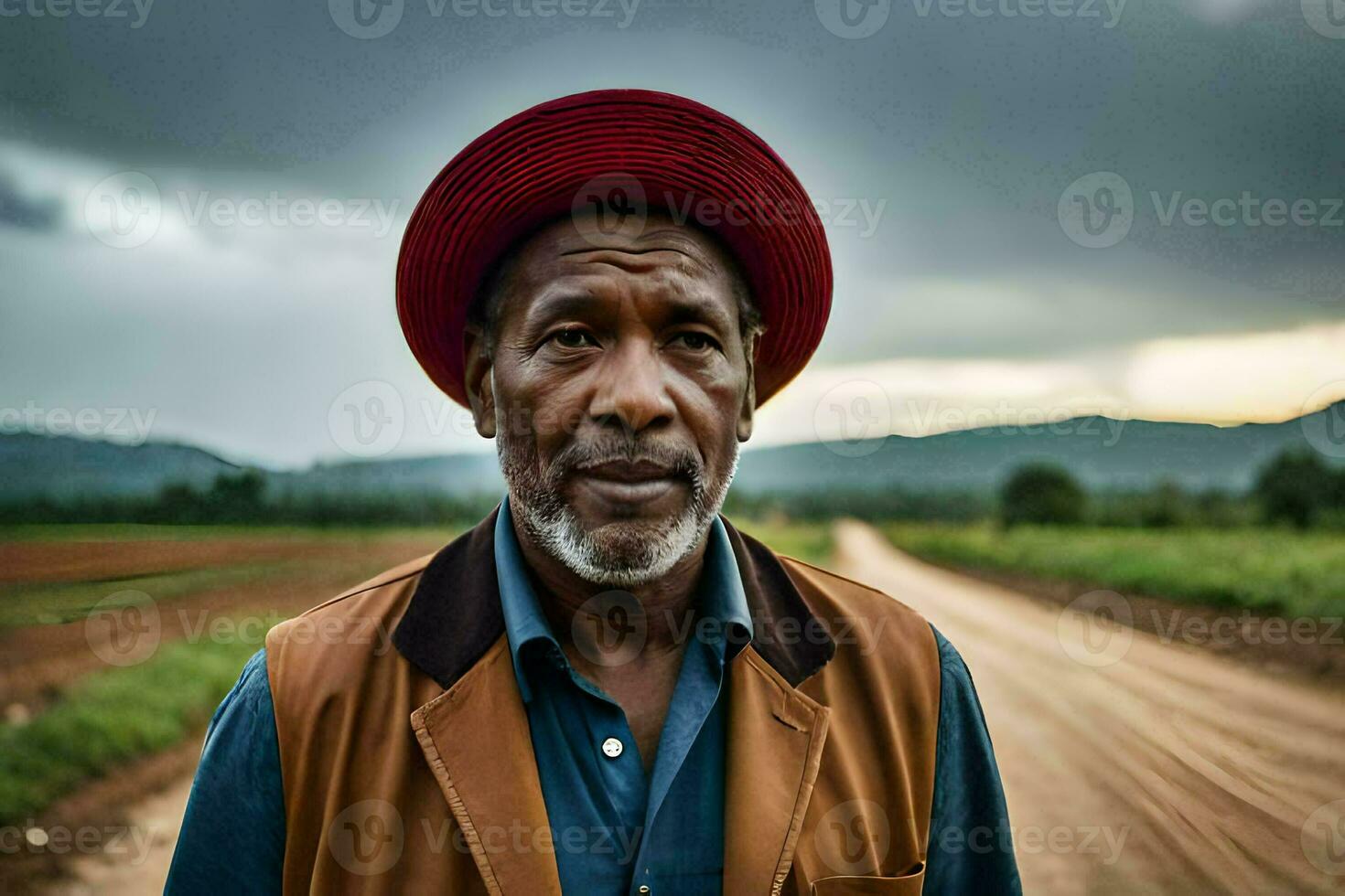 une homme dans une rouge chapeau des stands sur une saleté route. généré par ai photo