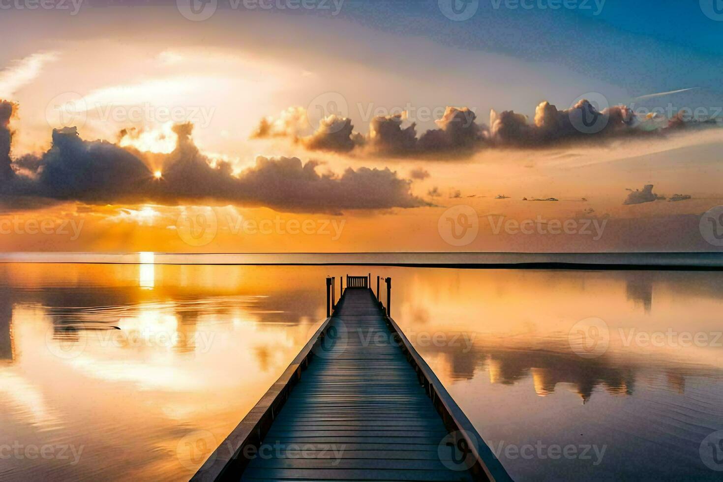 une Dock pistes à le océan à le coucher du soleil. généré par ai photo