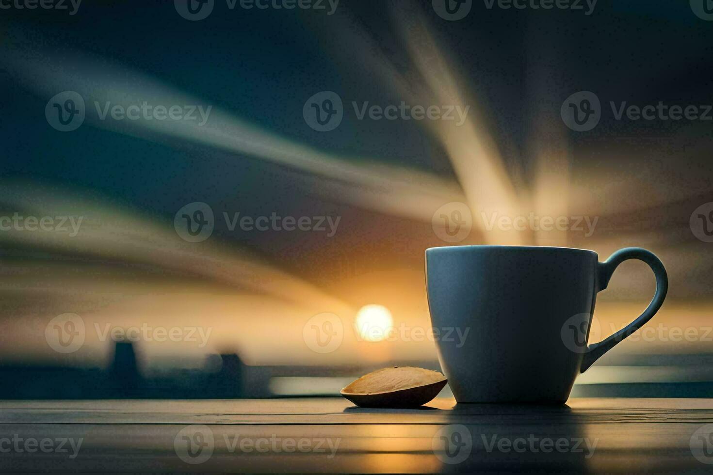 café tasse, le soleil, lever du soleil, le ville, HD fond d'écran. généré par ai photo