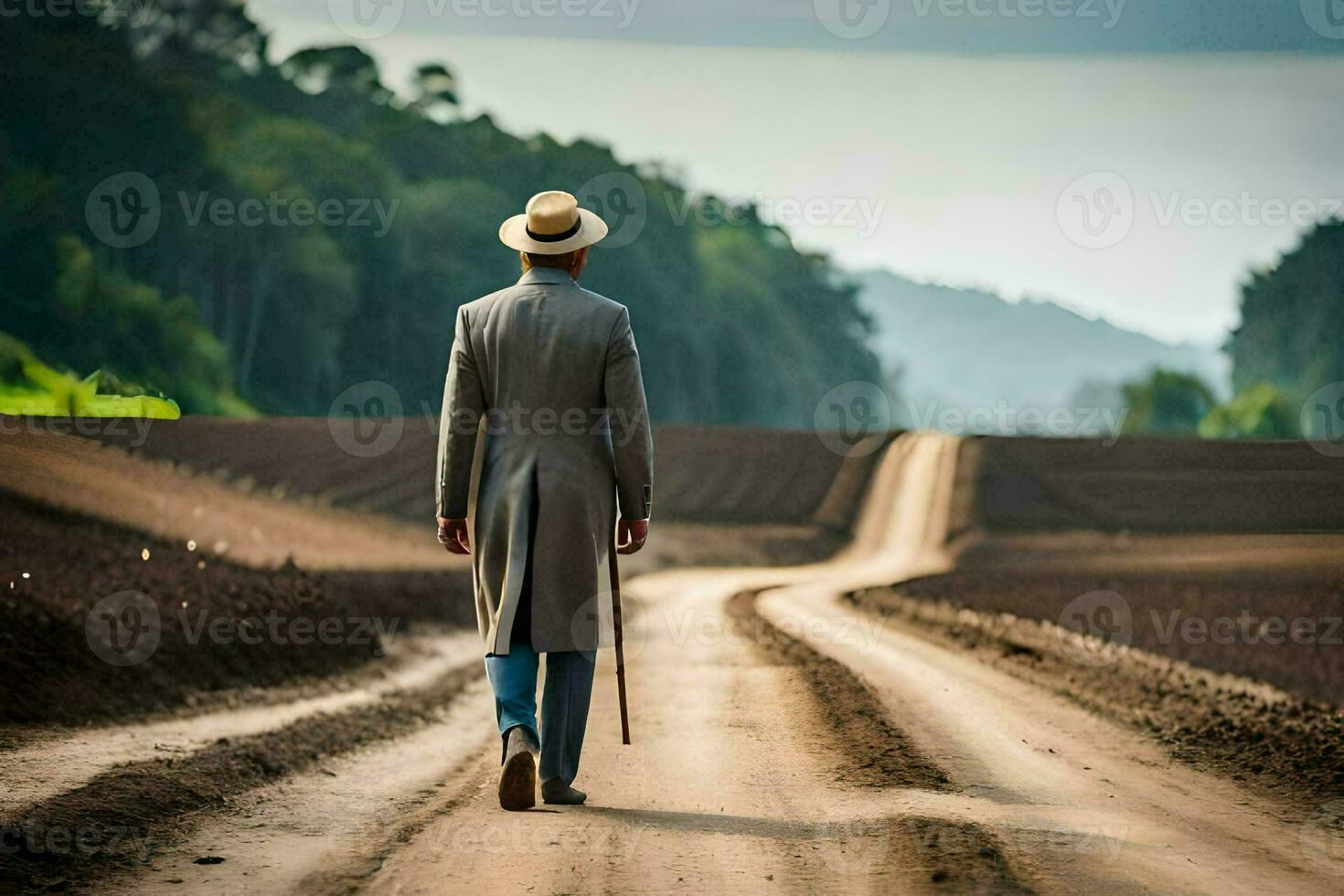 une homme dans une chapeau et manteau en marchant vers le bas une saleté route. généré par ai photo