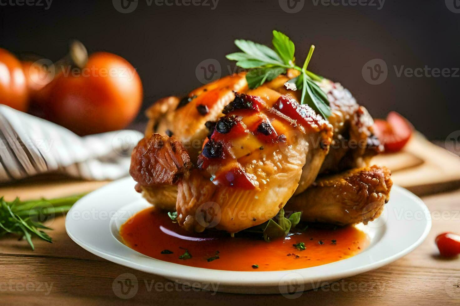 une poulet avec sauce et tomates sur une plaque. généré par ai photo