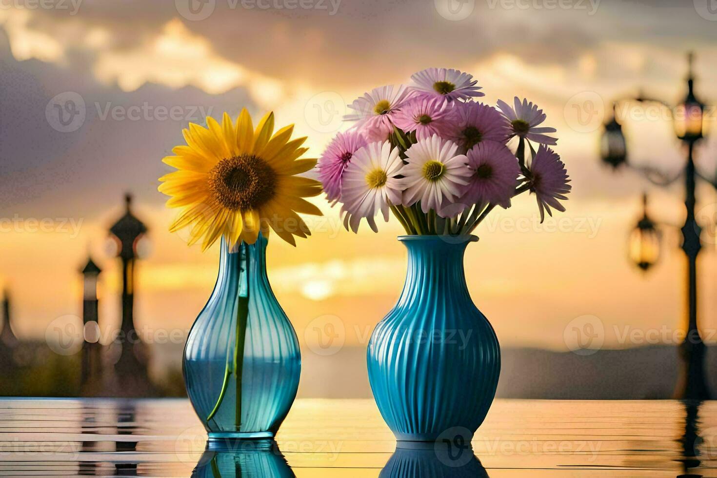 deux des vases avec fleurs sont sur une table avec une le coucher du soleil dans le Contexte. généré par ai photo