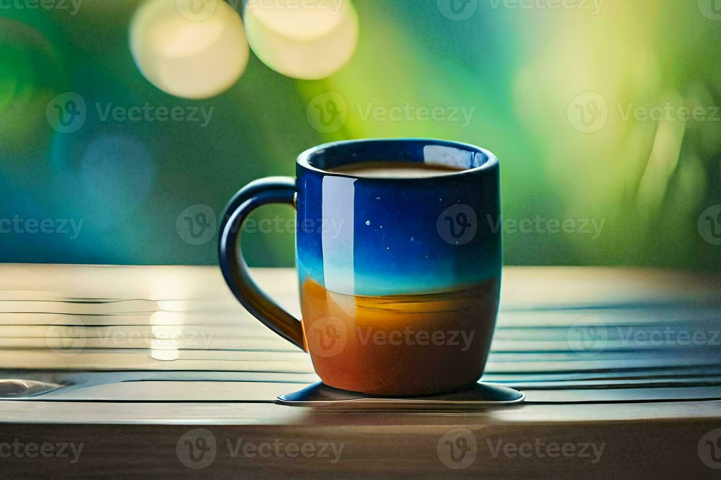 une café tasse sur une en bois table avec une flou Contexte. généré par ai photo