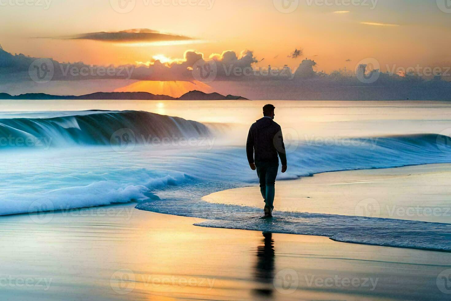 une homme en marchant sur le plage à le coucher du soleil. généré par ai photo