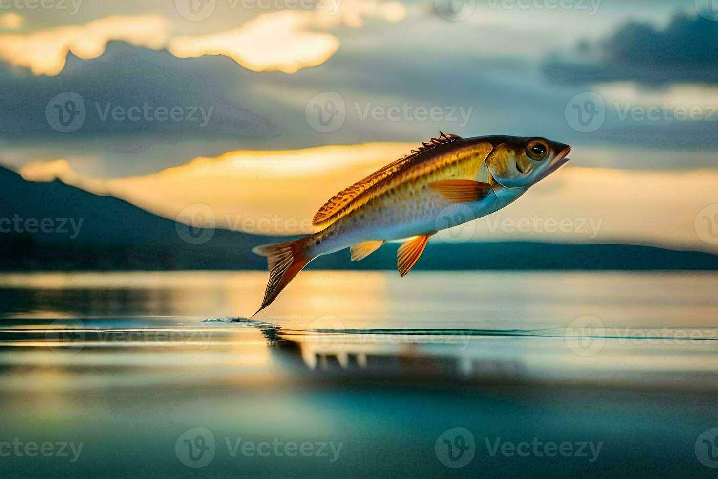 une poisson sauter en dehors de le l'eau à le coucher du soleil. généré par ai photo