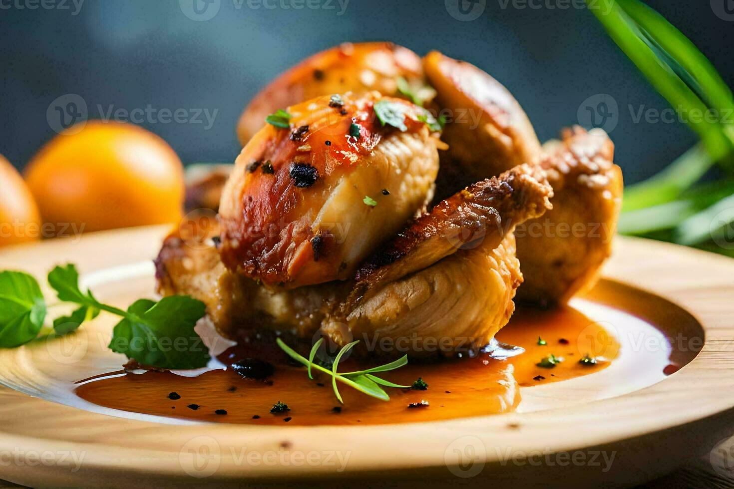 une assiette avec poulet et des oranges sur il. généré par ai photo