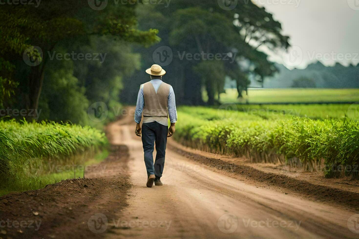 une homme dans une chapeau des promenades vers le bas une saleté route. généré par ai photo