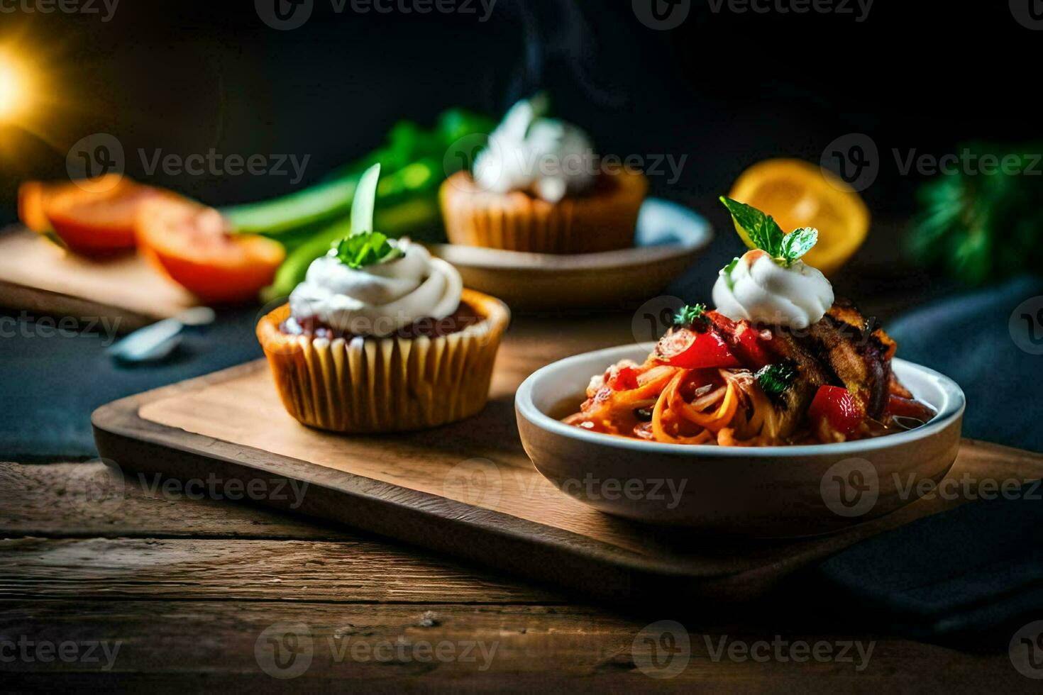 deux boules de nourriture avec garnitures sur une en bois tableau. généré par ai photo