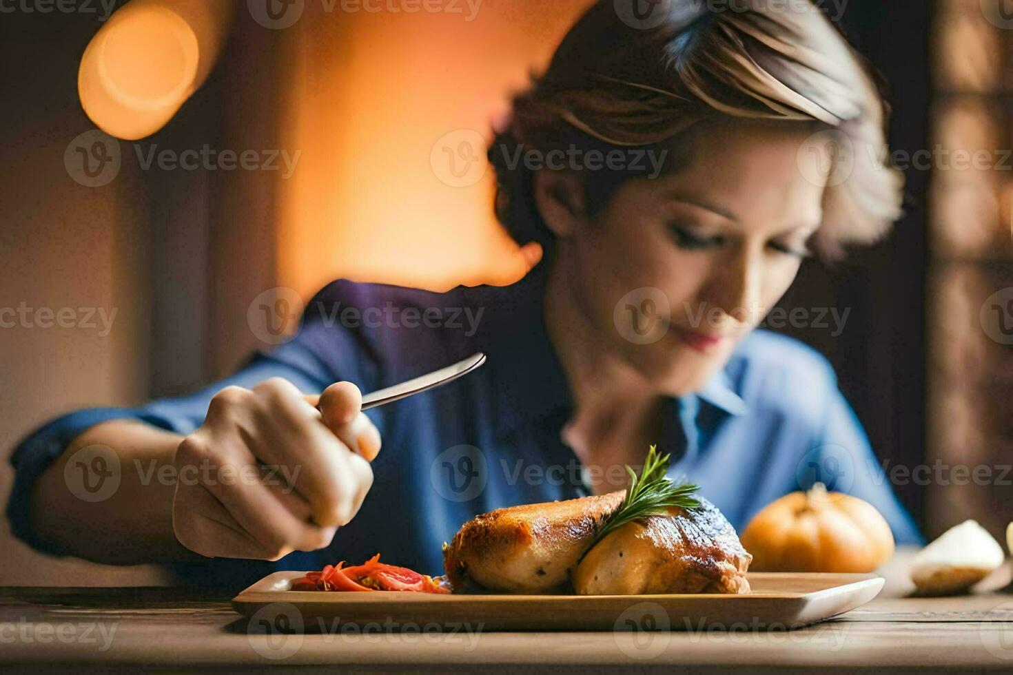 une femme est en mangeant une pièce de poulet sur une plaque. généré par ai photo