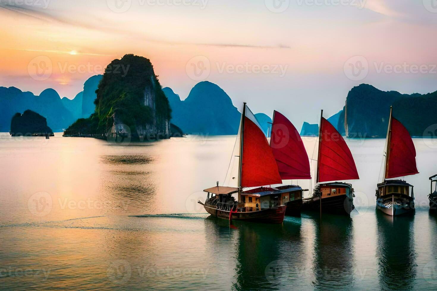 Trois bateaux avec rouge voiles dans le l'eau. généré par ai photo