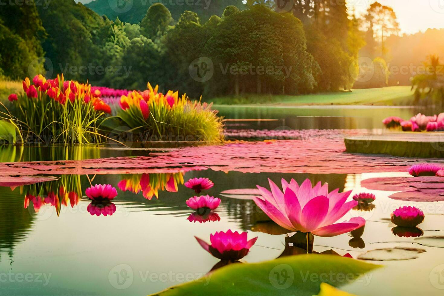 rose lotus fleurs dans le l'eau à le coucher du soleil. généré par ai photo