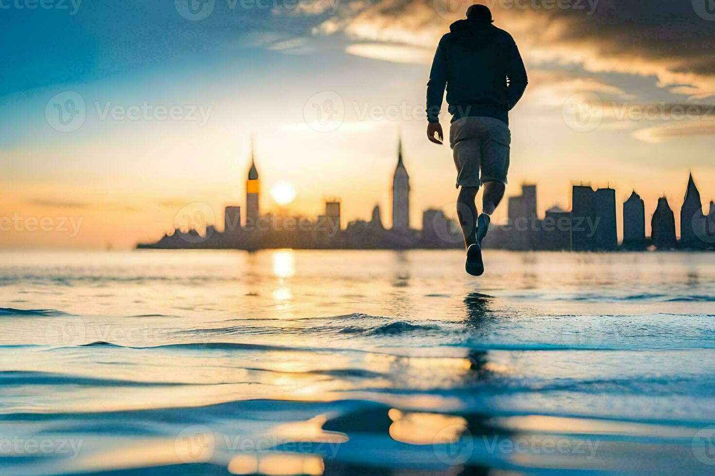 homme sauter dans le l'eau à le coucher du soleil. généré par ai photo