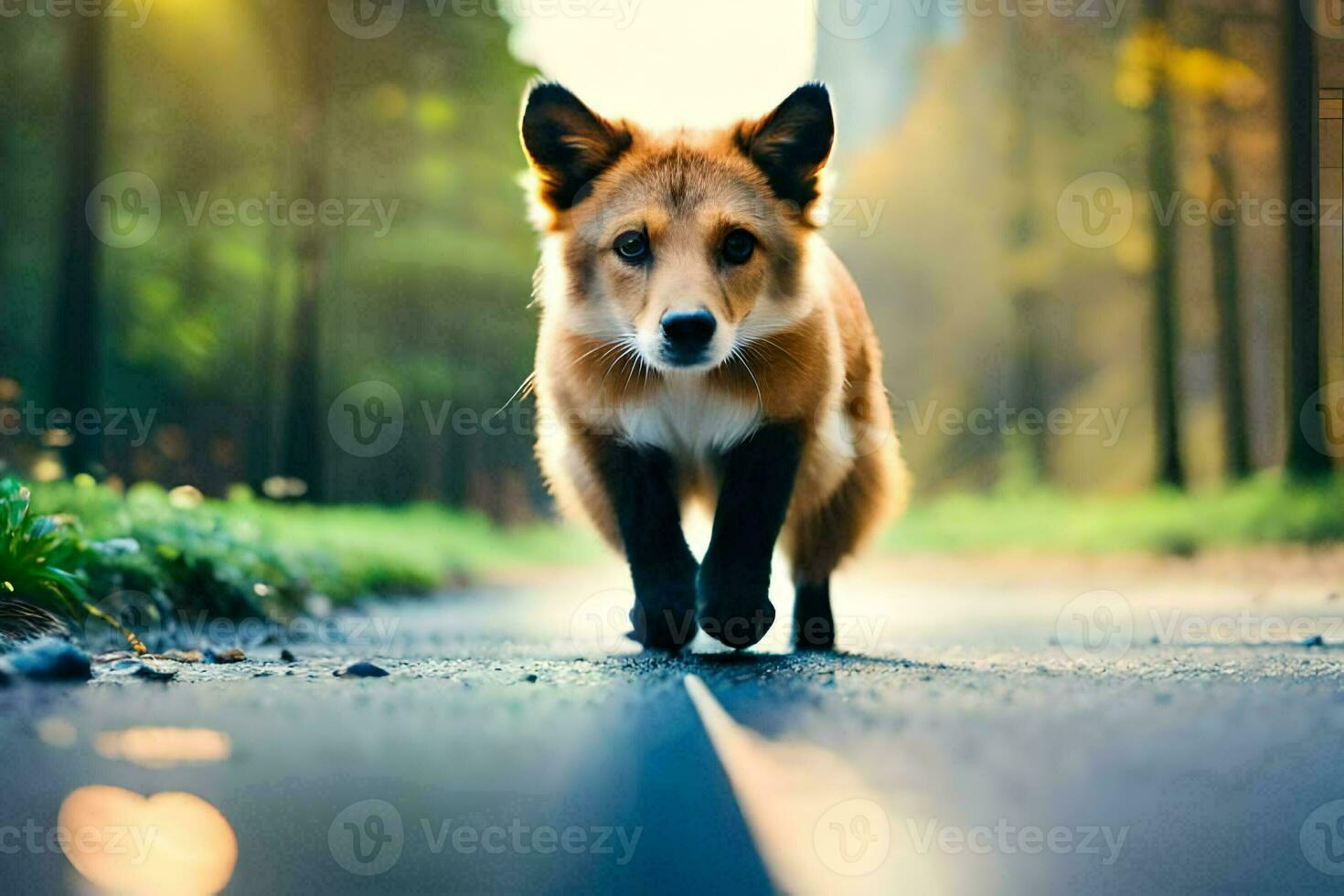 une Renard en marchant sur une route dans le milieu de le journée. généré par ai photo