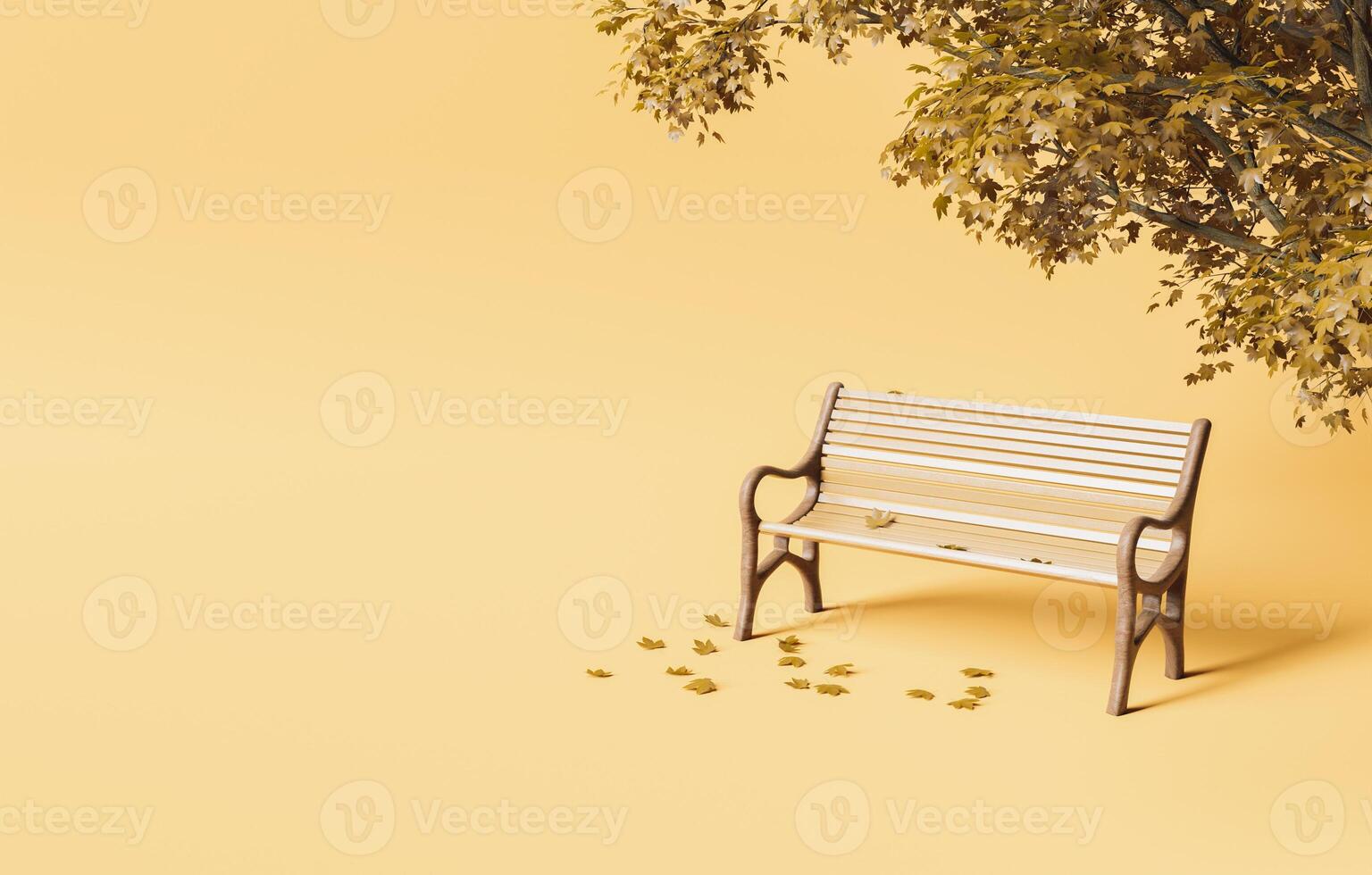 banc de parc minimaliste sous un arbre d'automne avec des feuilles tombées photo