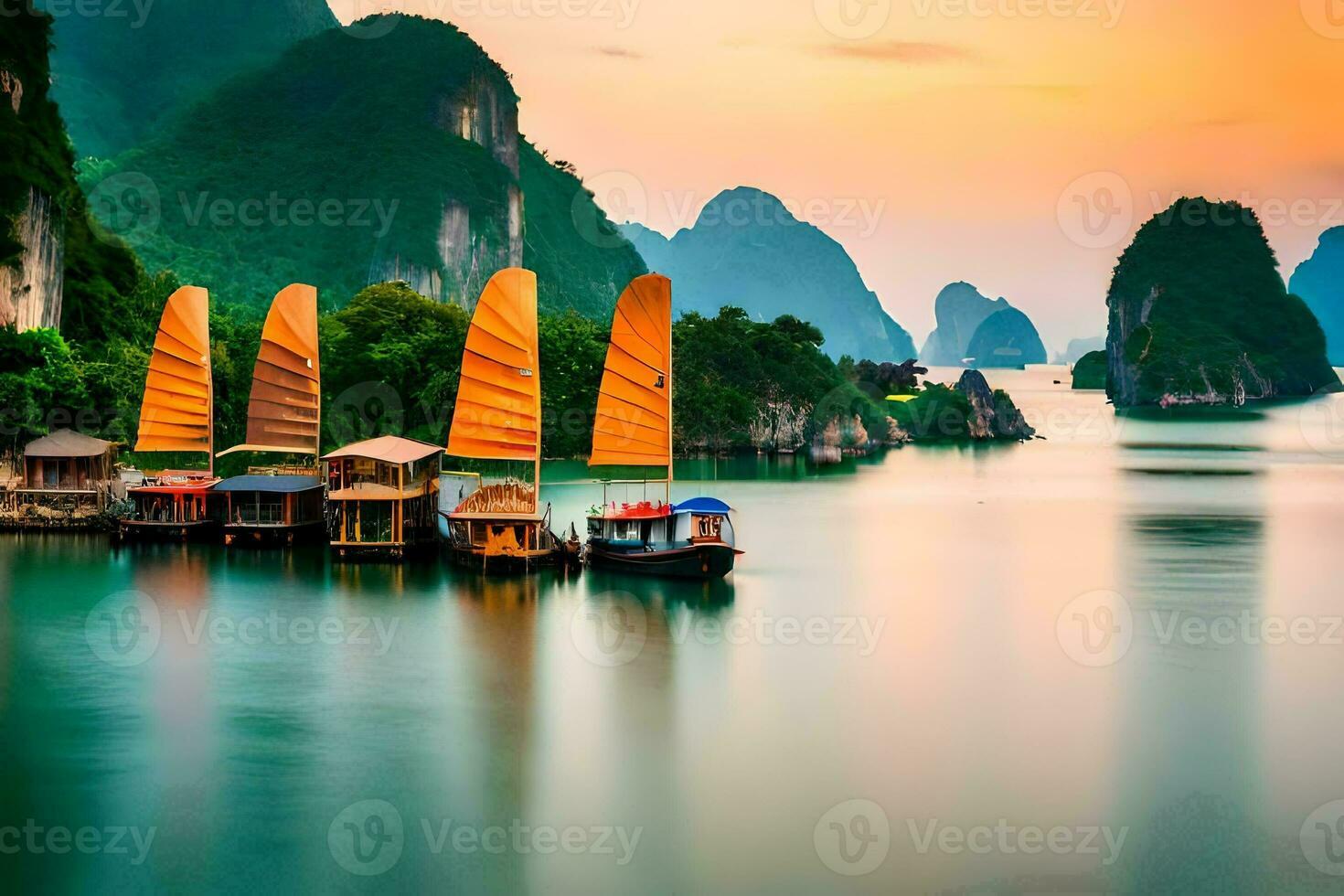 bateaux dans le l'eau avec montagnes dans le Contexte. généré par ai photo