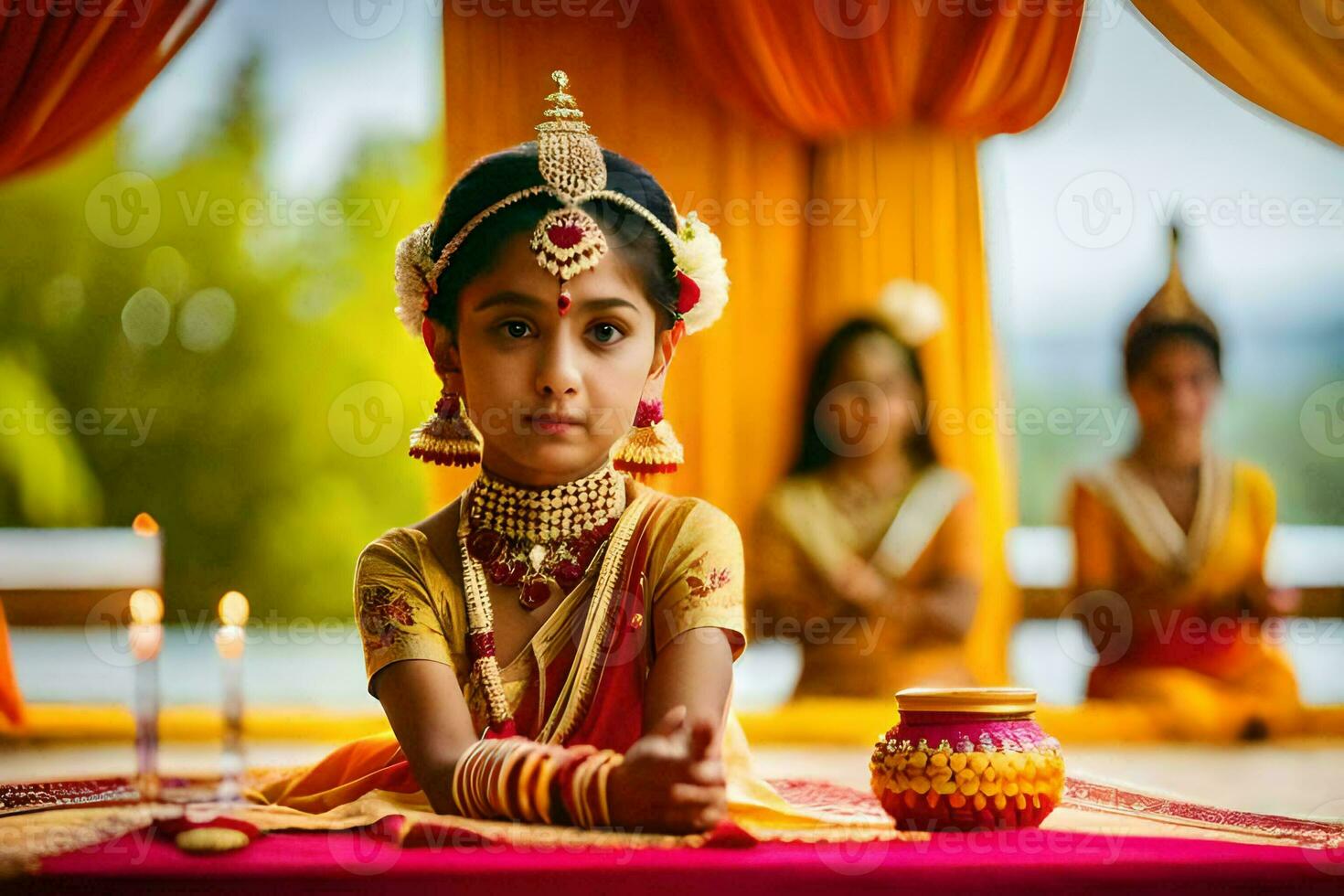 une peu fille dans Indien tenue séance sur une table avec bougies. généré par ai photo